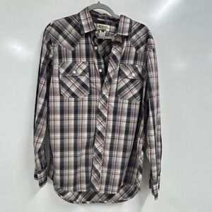 0198 American Rag Plaid Button Down Shirt Gray Black Workwear Casual